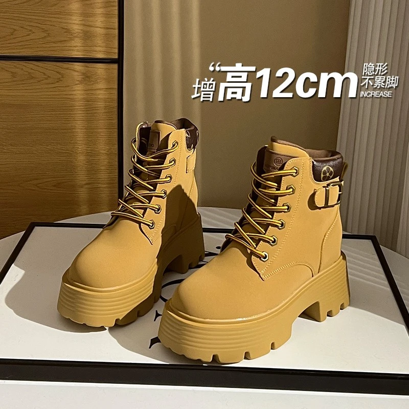 隐形内增高12cm马丁靴矮子乐女2025年春季加绒厚底小个子短靴爆款