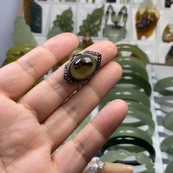 蛇纹石玉戒指银S925镶嵌