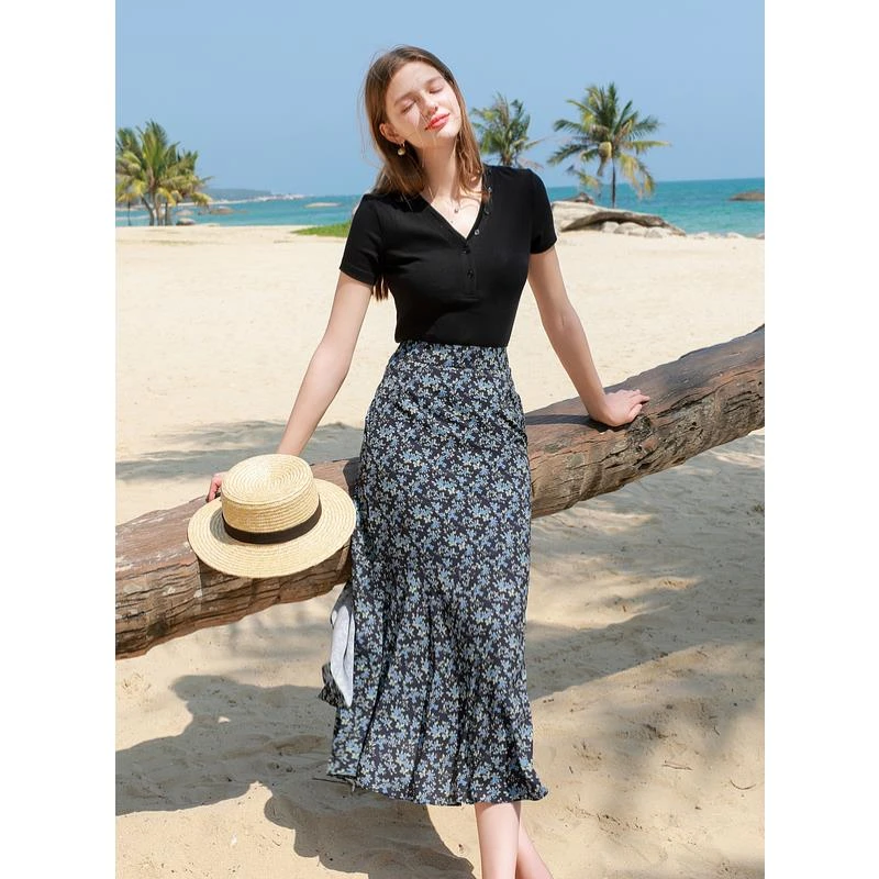 FAVMARTHA2025夏季新款碎花雪纺半身裙附内衬高腰开叉A字裙薄