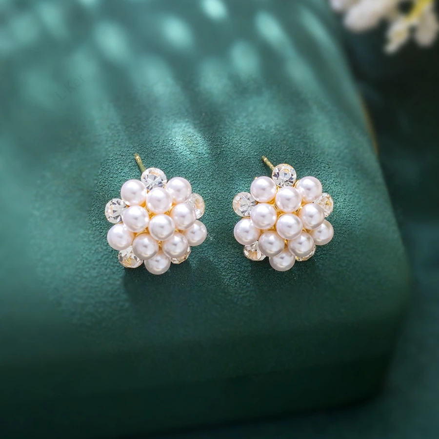 铜合金合成锆石耳饰 【繁花】韩版温柔珠珠耳钉时尚感女士耳环1218