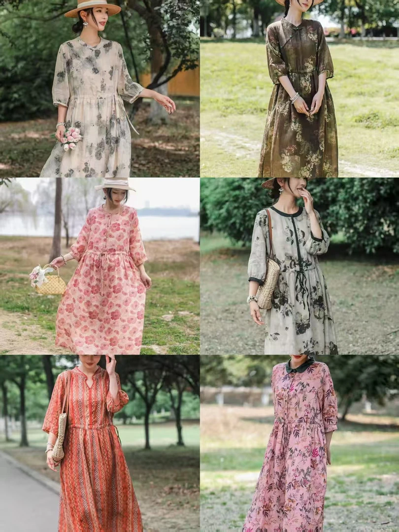 （均码）褶皱七分袖印花连衣裙水墨夏季春夏花色苎麻复古连衣裙
