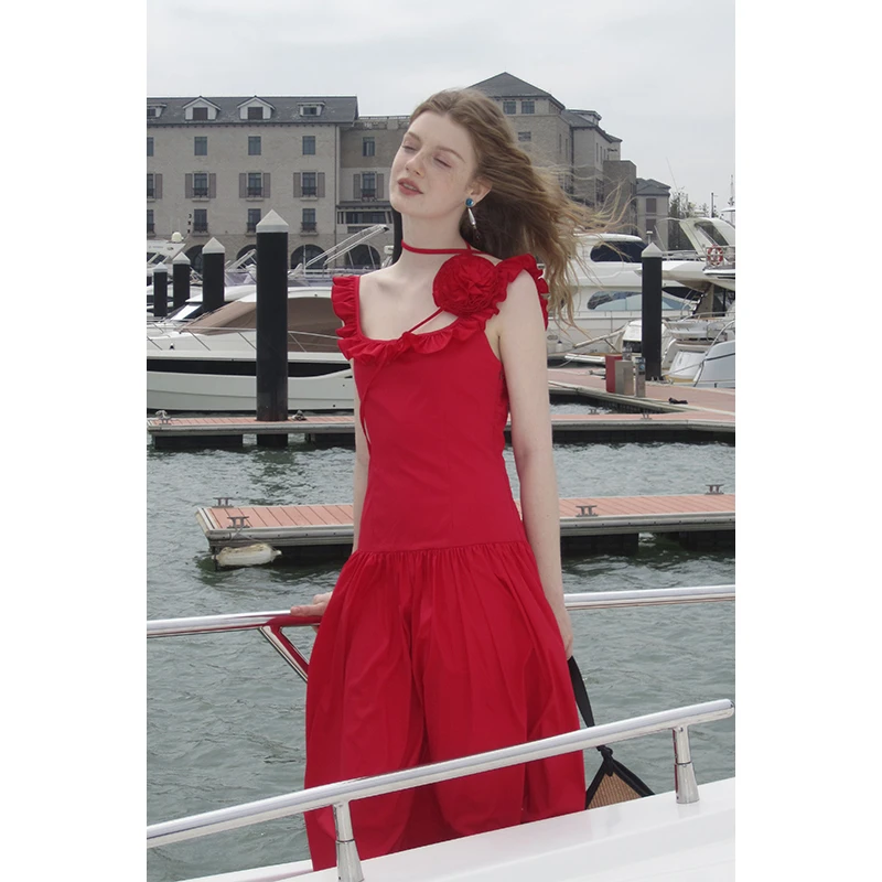 Miorastudio航海日志系列法式红色方领花朵连衣裙夏季度假风长裙