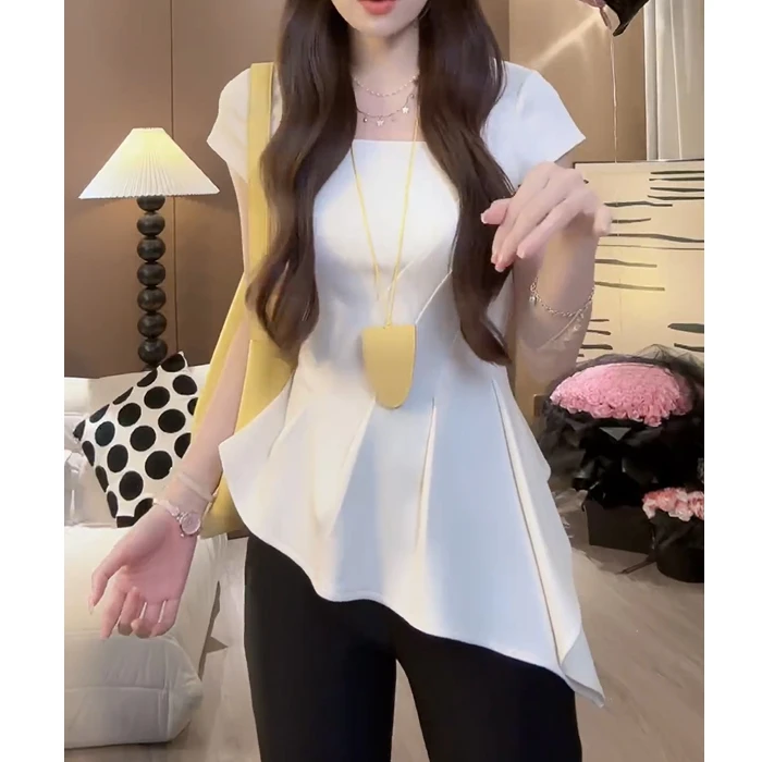 不规则下摆收腰显瘦短袖T恤女2025夏季新款设计气质流行洋气上衣