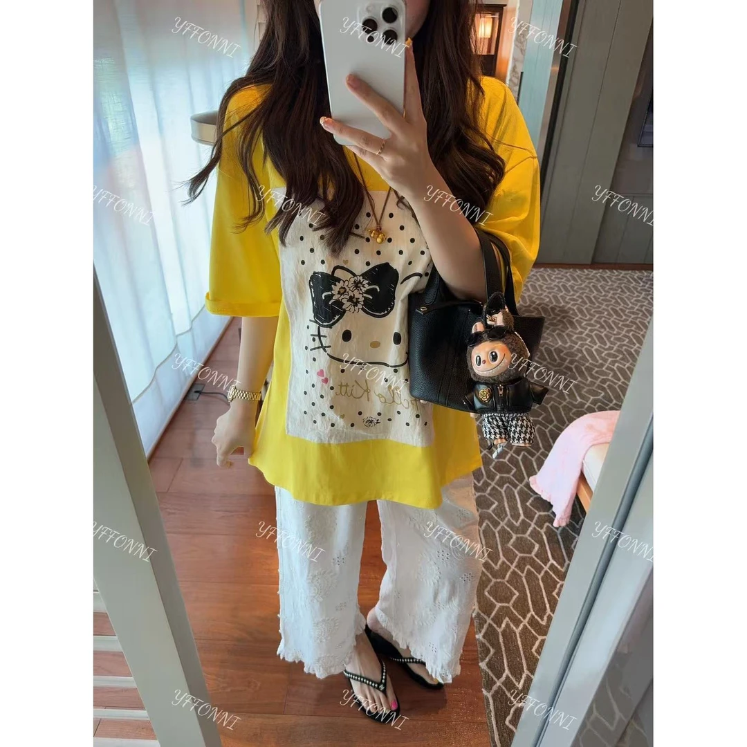 亮黄色~贴布工艺凯蒂妹妹T恤