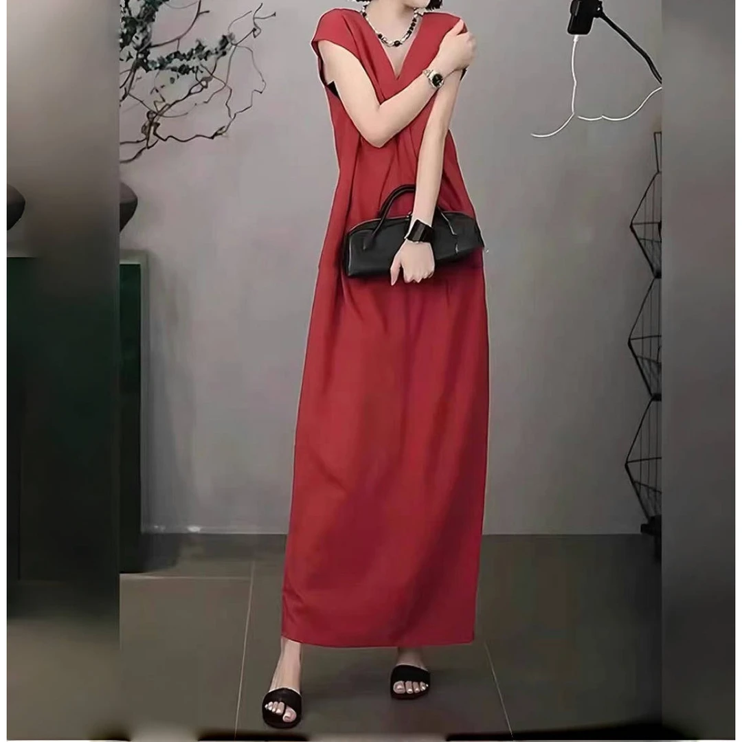 RONGRONG法式高级感红色扭结设计V领名媛风无袖亚麻连衣裙