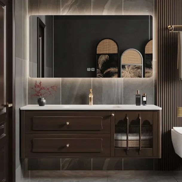 新中式浴室柜吊柜组合实木橡胶木中古风洗手池洗漱台洗脸盆柜组合