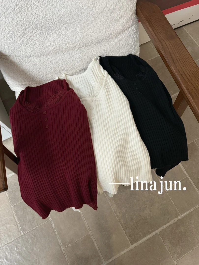 1.1秋冬新款法式百搭蕾丝拼接假两件显瘦长袖针织打底