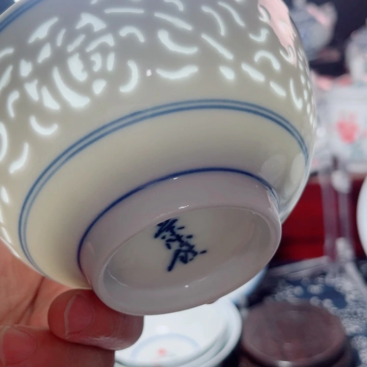 青花玲珑5寸饭碗满雕双福双线