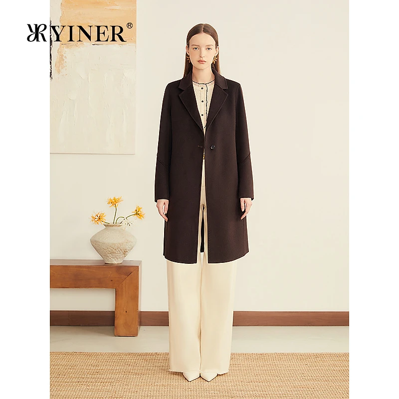 YINER音儿专选2025冬季新款法式优雅羊毛桑蚕丝混纺西装领大衣
