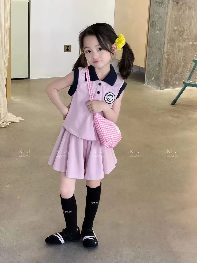 【KL】女童百搭撞色25夏新款修身学院风运动风POLO衫裙裤两件套时尚