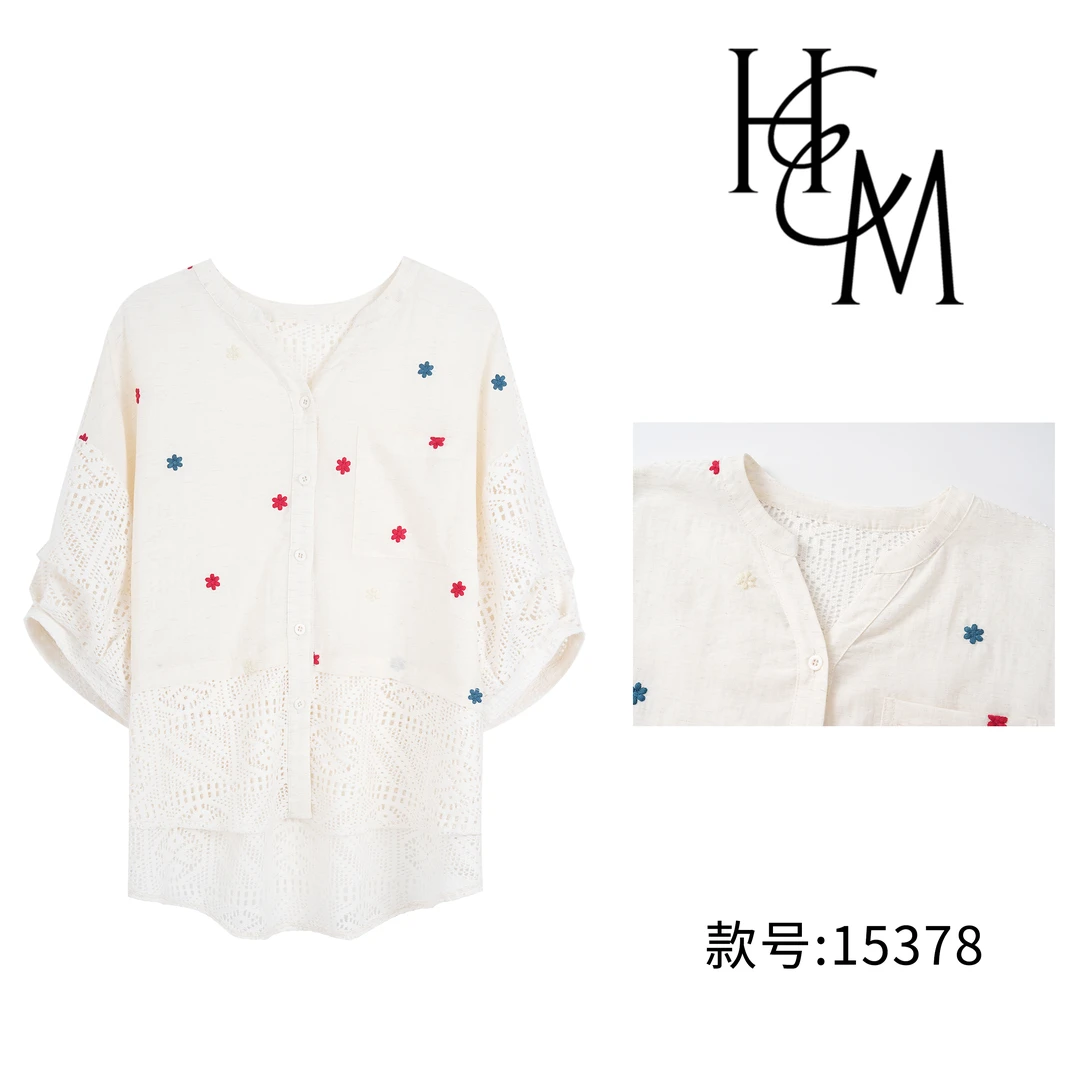 HUIERMAN/慧尔曼莱赛尔天丝设计师款拼接镂空钩花绣花衬衫【15378】