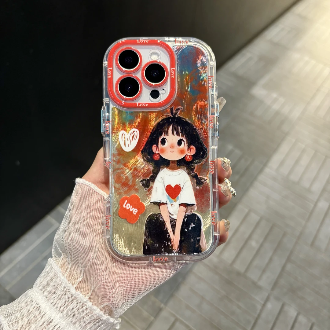 苹果/华为/oppo/vivo/小米 涂鸦女孩适用iPhone16羽纱奶油手机壳