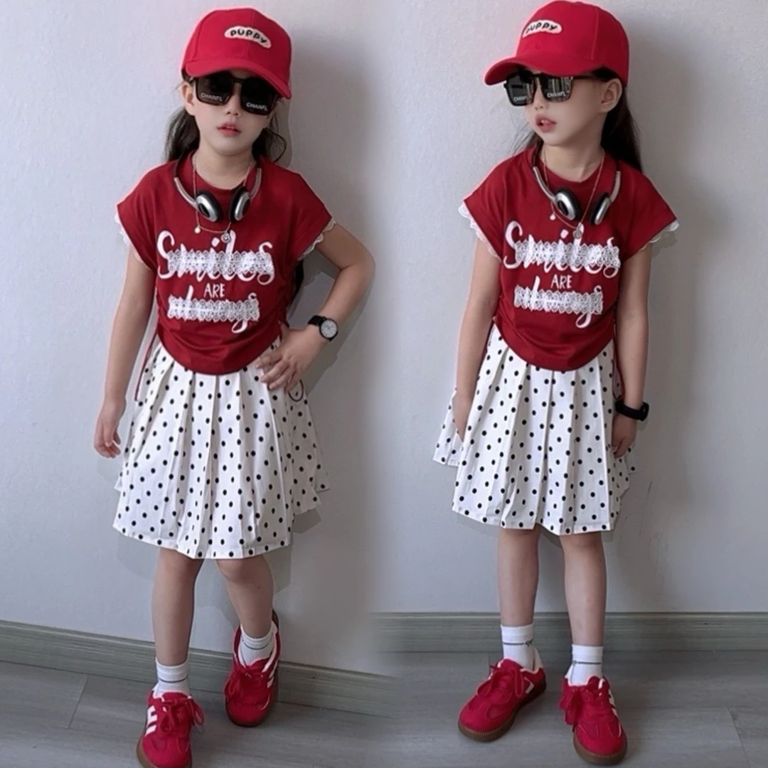 女童夏款短袖套装中大童洋气休闲花边抽绳T恤波点百褶短裙子裤裙