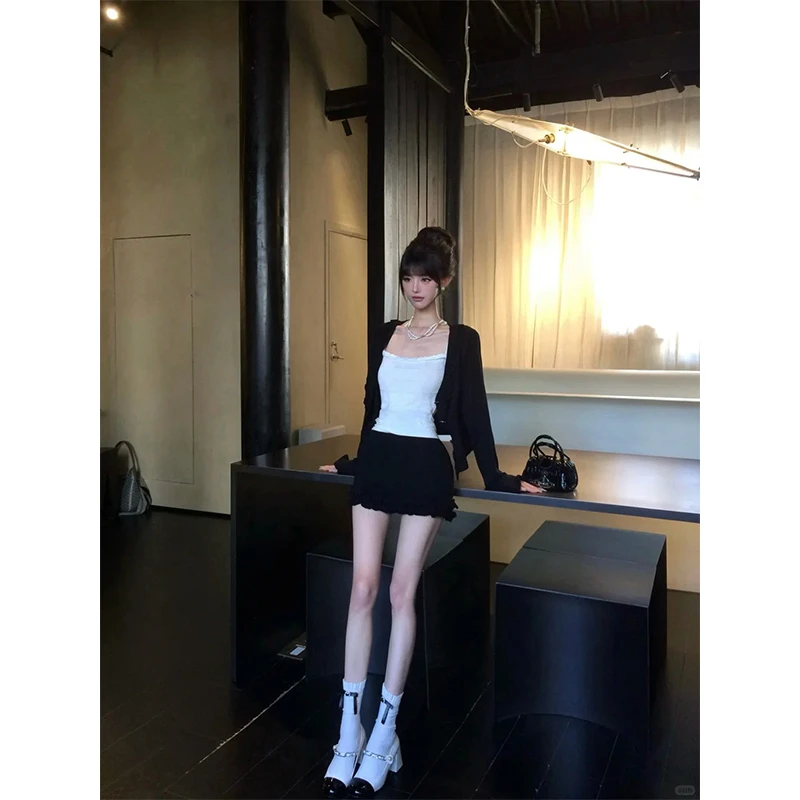 木耳边黑色长袖针织外套吊带背心女秋季穿搭套装包臀半身裙三件套