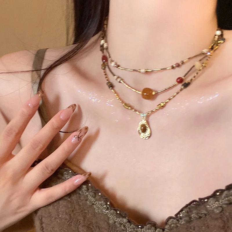 铜合金项链  秋冬复古虎眼石项链女高级感毛衣链配饰小众颈链