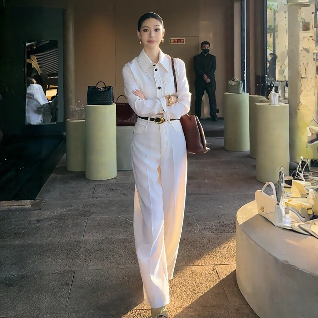 韩系干练气质高级感套装女2025年秋季新款白色牛仔衬衫长裤两件套