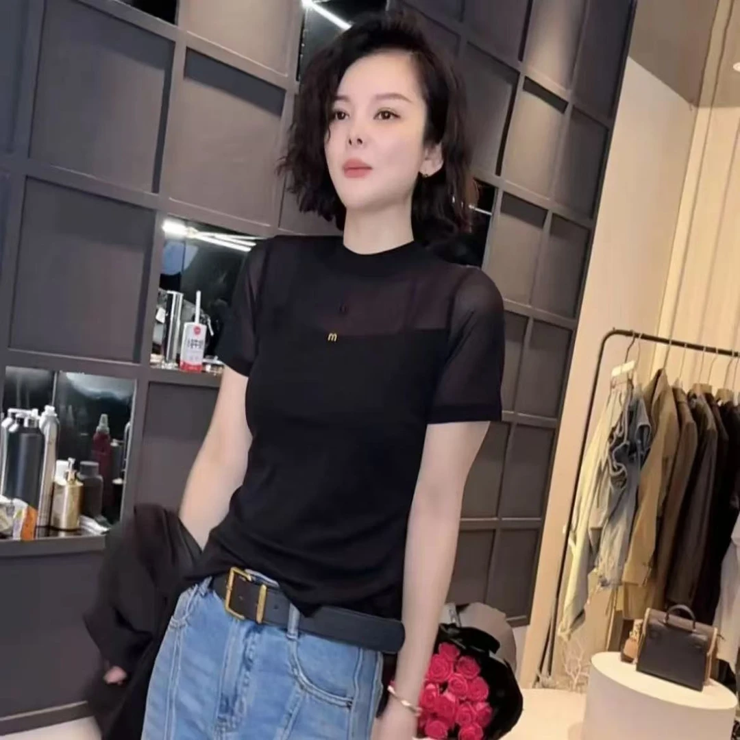姚家新款女士上衣圆领设计感时尚百搭短袖纯色网纱修身显瘦打底