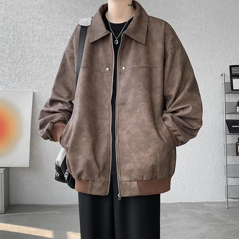 简约棕色复古痞帅高级皮衣外套男女春秋冬韩棕色男士复古皮衣