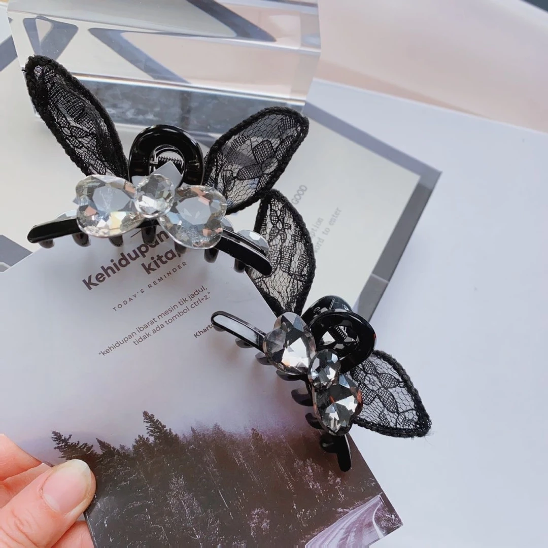 亮钻蕾丝兔耳朵抓夹黑色纯欲风小夹子软妹卖萌刘海夹可爱发夹女