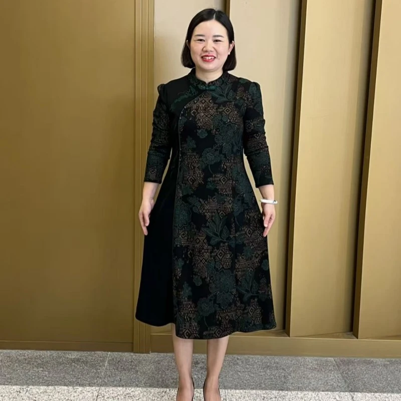 春秋新款气质连衣裙遮肉显瘦时尚洋气长袖中长款旗袍裙