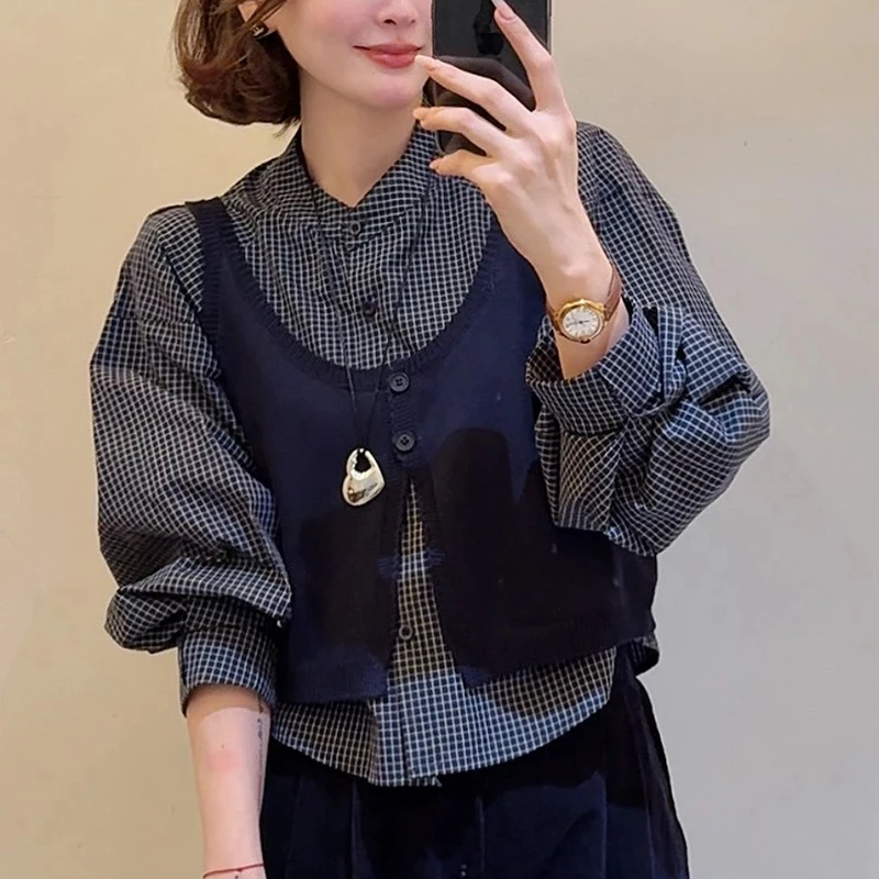 韩版藏青色马甲格子衬衫女2025秋季新款高级感叠穿休闲宽松两件套