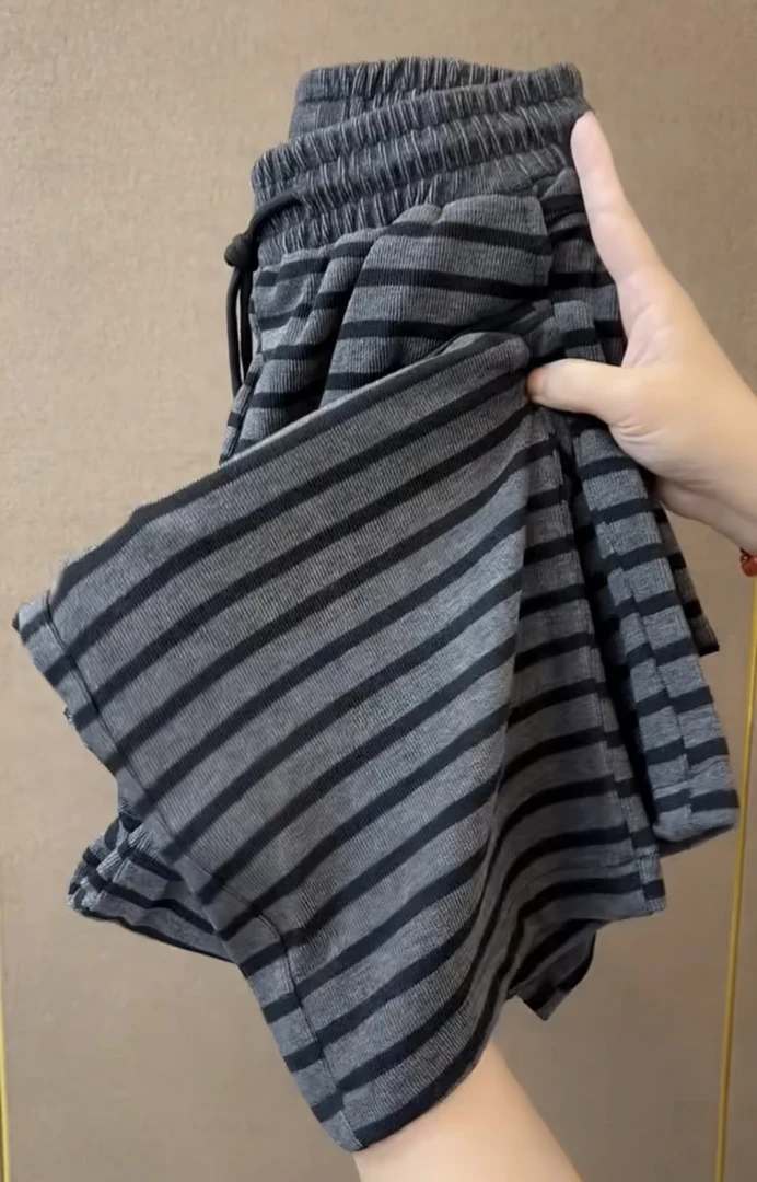 春秋新款抽绳显瘦松紧慵懒高腰宽松小个女士横条纹裤子休闲裤