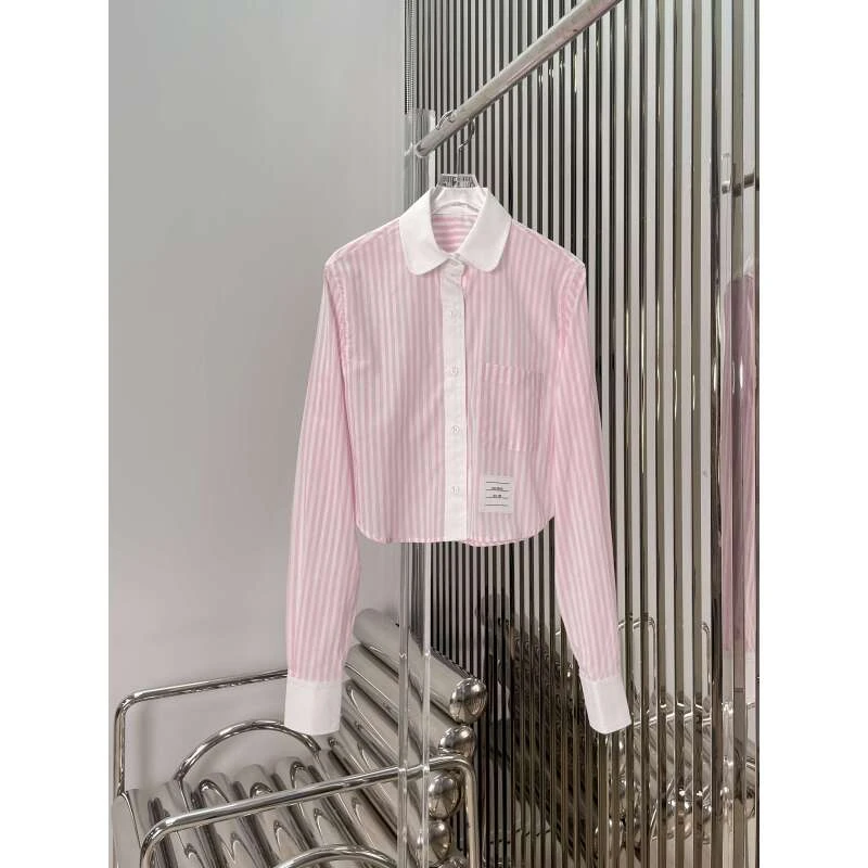 粉色撞色条纹衬衫 单排扣贴袋长袖