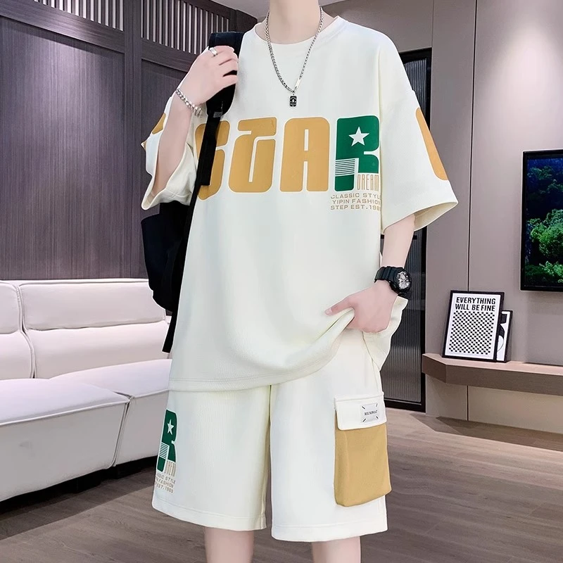 男士夏季休闲套装学生青少年宽松大码短袖T恤潮流百搭短裤运动服