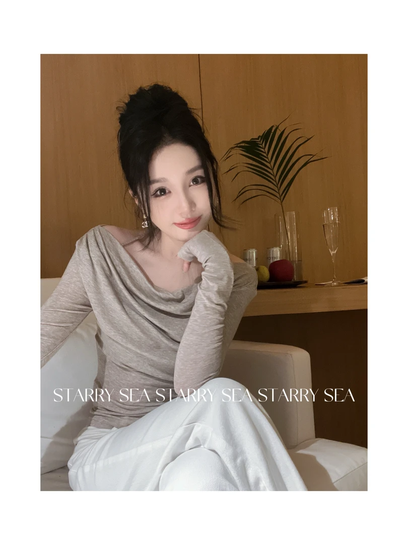 PP【梨涡浅笑】纯欲氛围感斜荡领羊毛系带慵懒上衣#PP0132SY