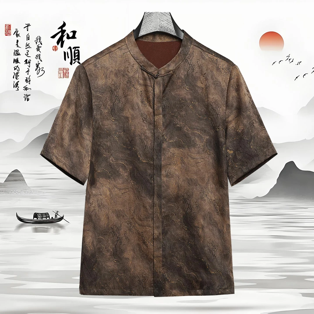 夏季花罗香云纱男士立领短袖中式衬衫唐装桑蚕丝真丝衬衣休闲上衣