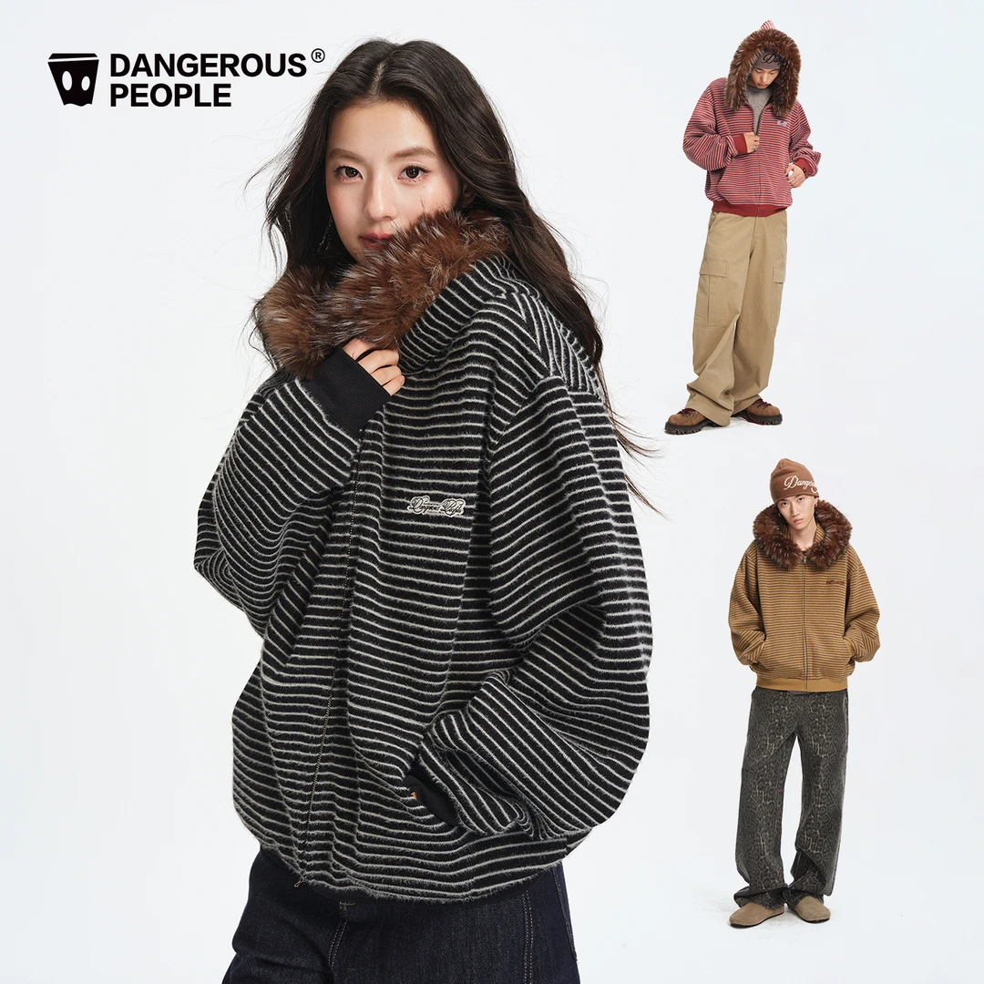 Dangerouspeople薛之谦dsp休闲条纹卫衣潮牌复古毛领连帽开衫外套