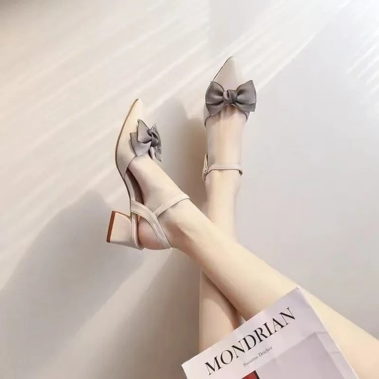粗跟凉鞋女夏季2025新款包头一字带蝴蝶结显瘦性感女鞋