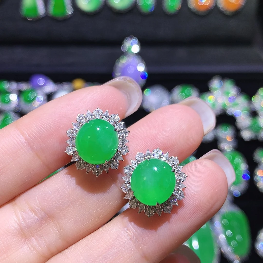 翡翠18K金镶嵌耳饰高冰满绿