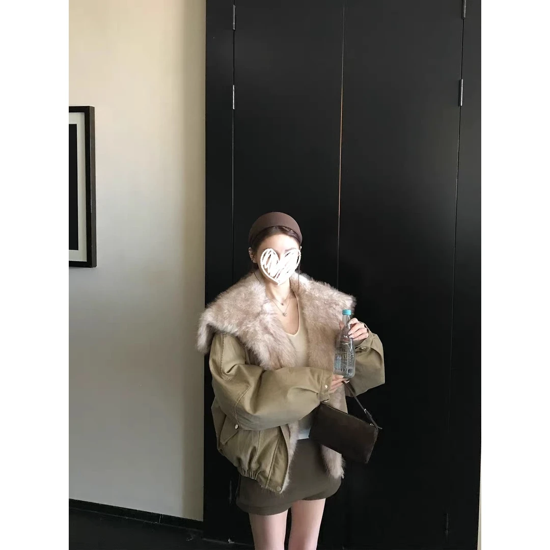 暖炉派克 蓬感毛毛翻领石墨酵洗外套冬季加厚保暖复古短外套女
