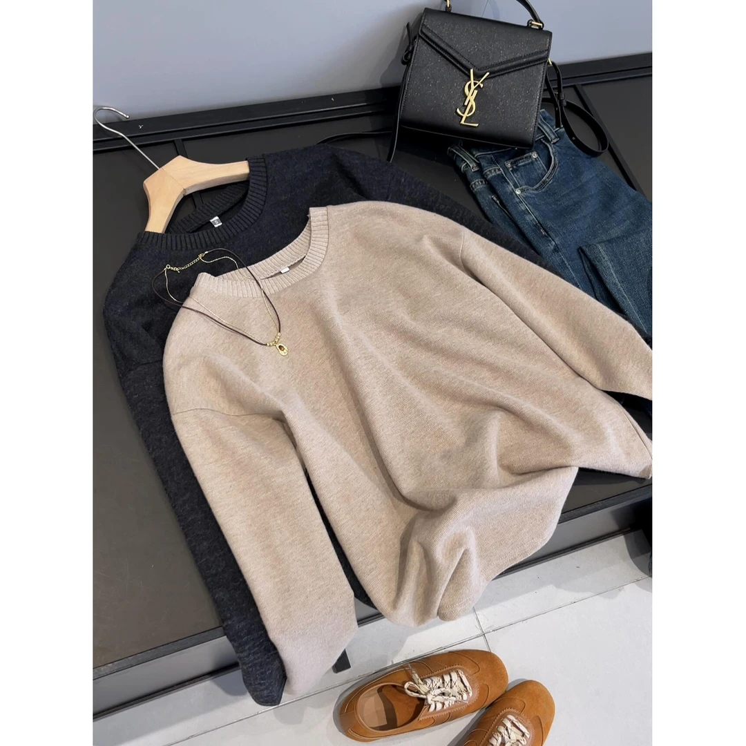 新款燕麦舒适休闲宽松亲肤打底纯色长袖T恤毛衣