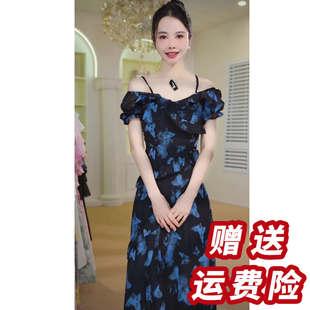 法式波点连衣裙2025夏季荷叶边V领小众A字裙 J46042