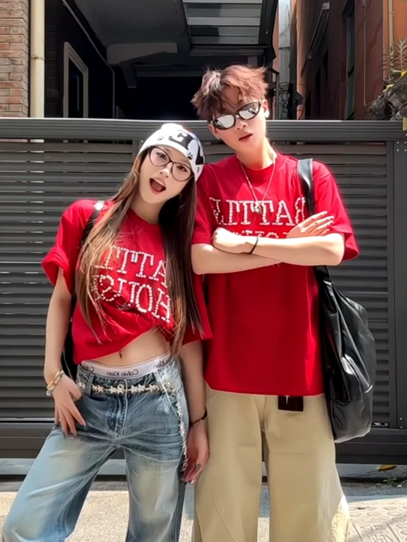 2025新款美式复古重工设计潮流纯棉情侣短袖T恤上衣夏季宽松两件