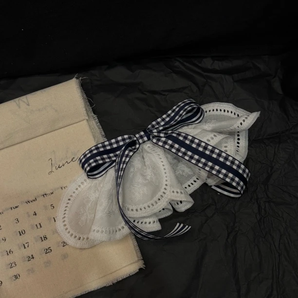 韩国东大门新款蕾丝刺绣格子弹簧夹女高级感甜美少女顶夹气质发卡