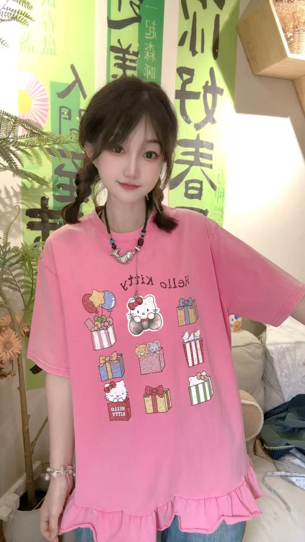 【惊喜礼物】洋气女装可爱精致宽松显瘦拼接花边卡通KT砂洗短袖T恤