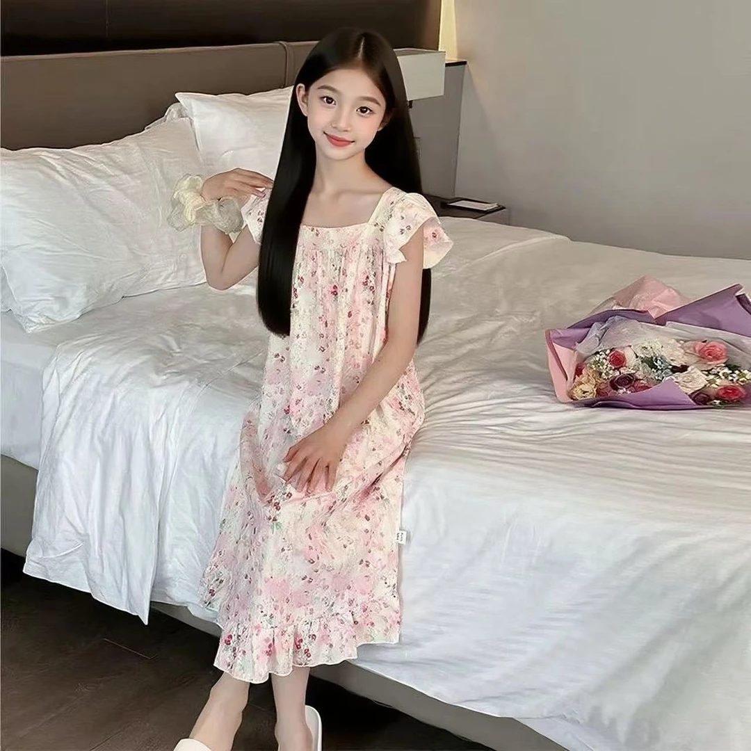 女童睡裙夏季2025新款儿童小飞袖睡衣碎花云朵棉公主风大童家居裙