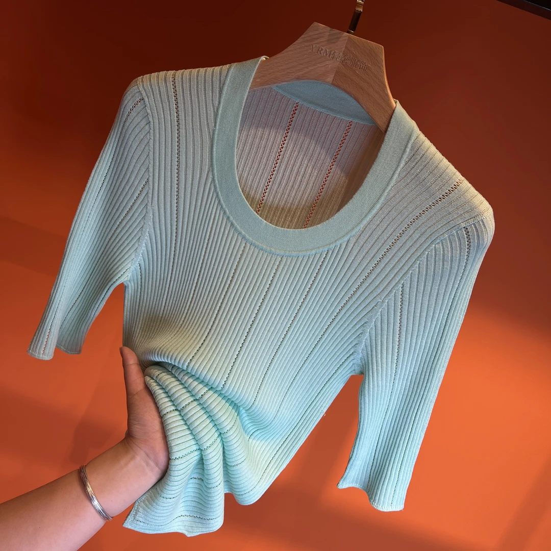 2025夏季新款中袖轻薄气质优雅竖条镂空圆领修身针织衫打底百搭