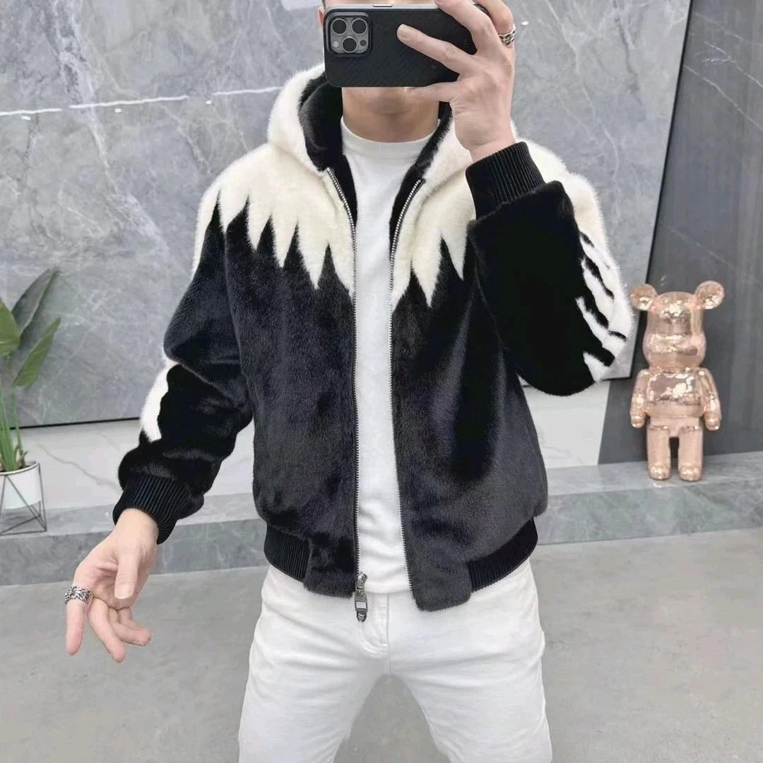 男士欧版高品质加厚保暖外套连帽气质拼接保暖时尚大金雕夹克外套