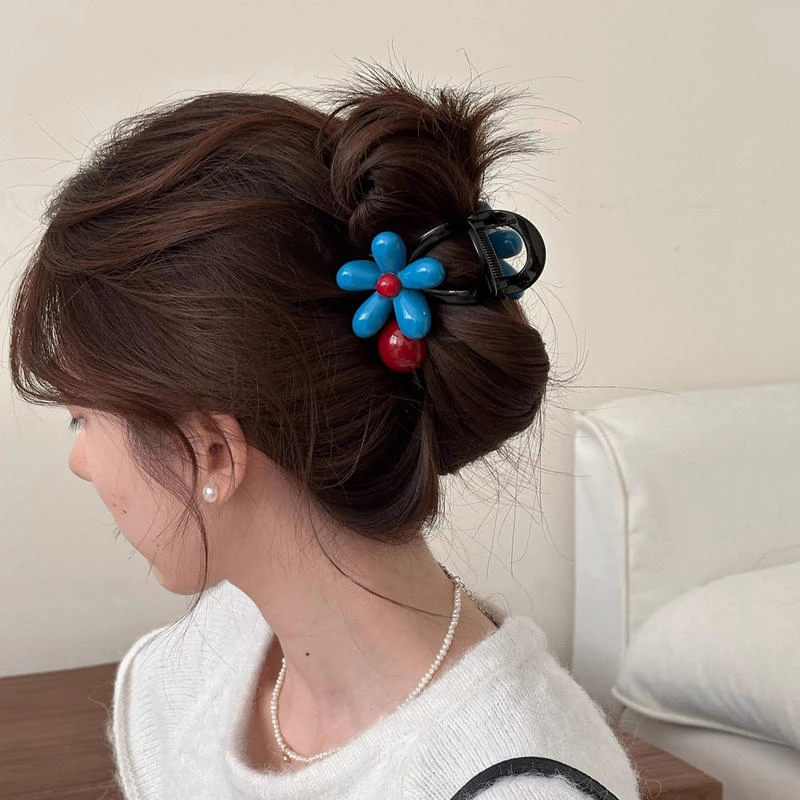 韩版蓝色花朵抓夹女款2025新款后脑勺盘发夹甜美鲨鱼夹扭扭夹发饰