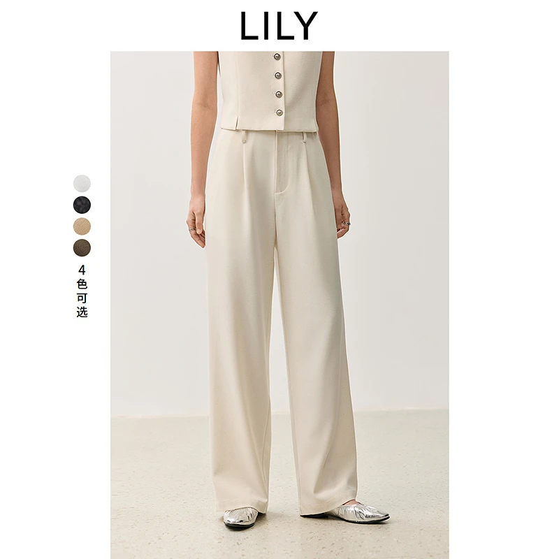 LILY都市时尚老钱风高级感直筒肌理感拖地百搭阔腿裤124309C5920