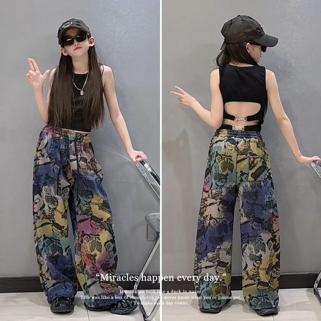 扎染渐变魔童哪吒印花阔腿卫裤女童多巴胺显瘦休闲轻奢背心上衣