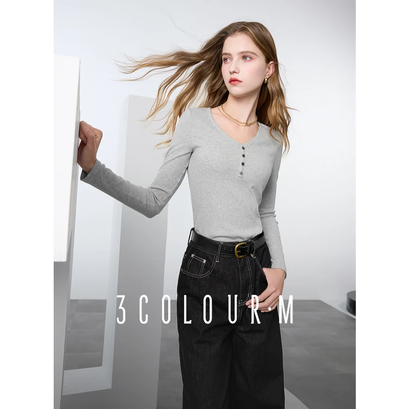 三彩2025春季新款V领修身长袖正肩T恤带胸垫套头衫M