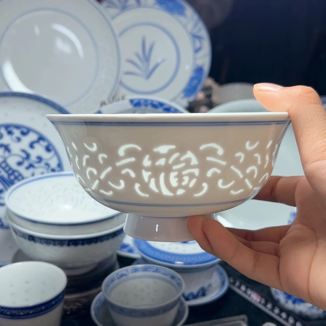 碗12个双线雕塑福字六寸面碗