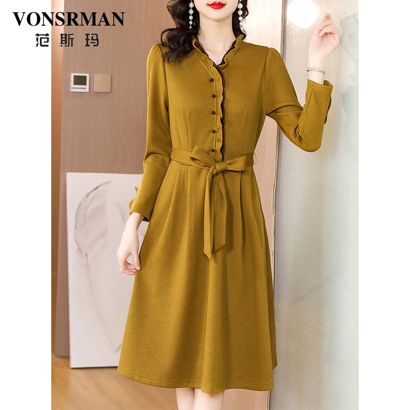 VONSRMAN收腰打底连衣裙2025新款秋冬季时尚系带高级感气质中长裙