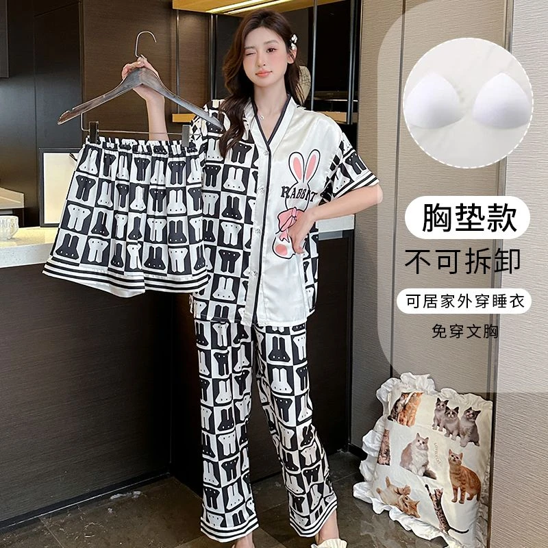 夏季睡衣女三件套带胸垫冰雪丝薄款彩色小布布兔子网红爆款家居服