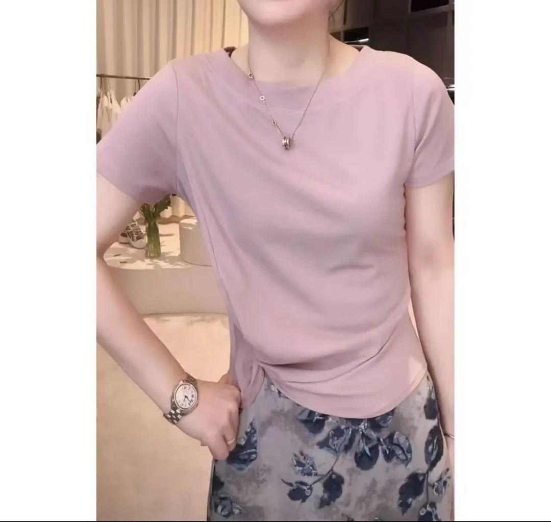 《优麦汇》Y5889夏款一字领设计感时尚百搭短袖显瘦上衣女